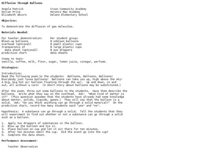 Diffusion Through Balloons Lesson Plan