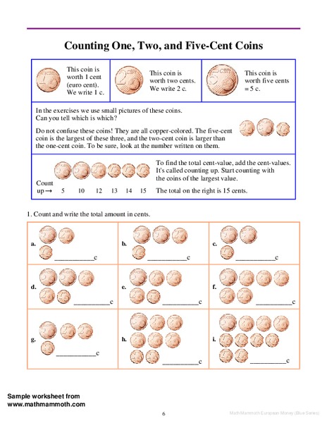 Counting One, Two, and Five-Cent Coins Worksheet
