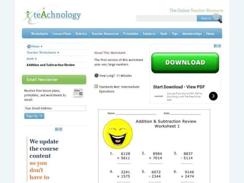 Addition & Subtraction Review Worksheet 1 Interactive