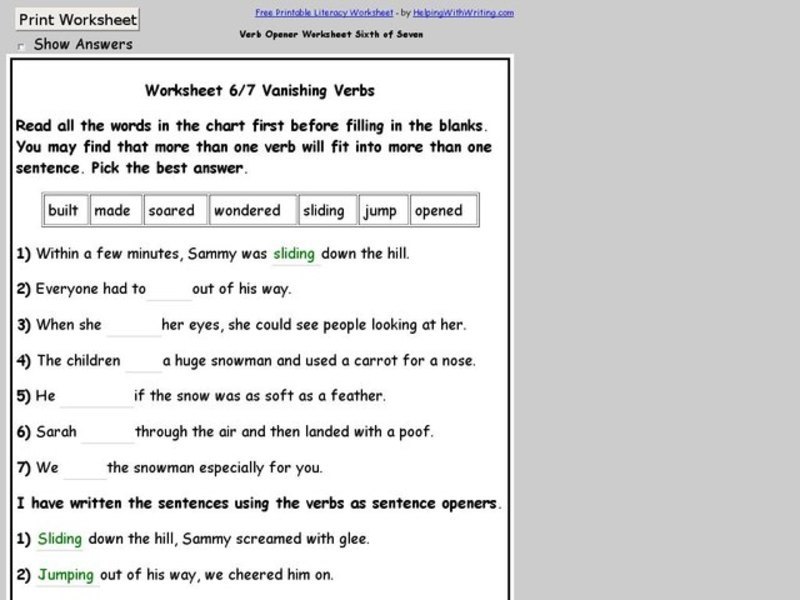 Worksheet 6/7 Verb Worksheet