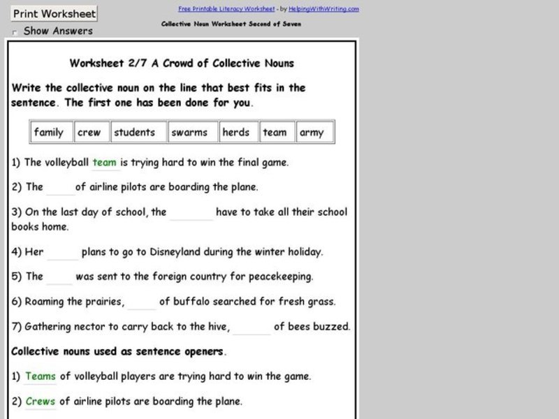 Worksheet 2/7 on Collective Nouns Worksheet
