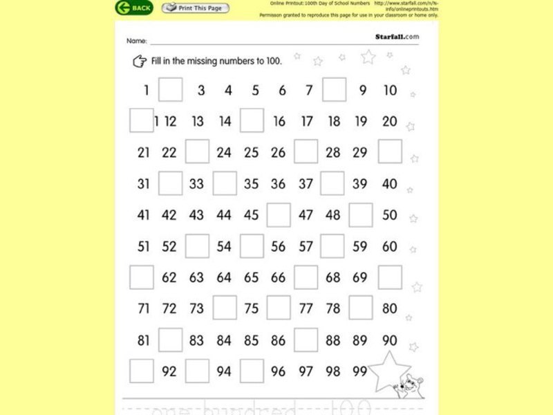 100th Day Number Worksheet