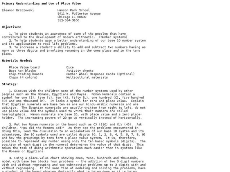 Primary Understanding and Use of Place Value Lesson Plan