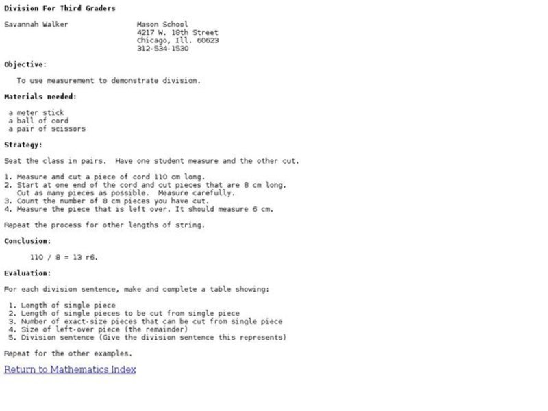 Division for Third Graders Lesson Plan