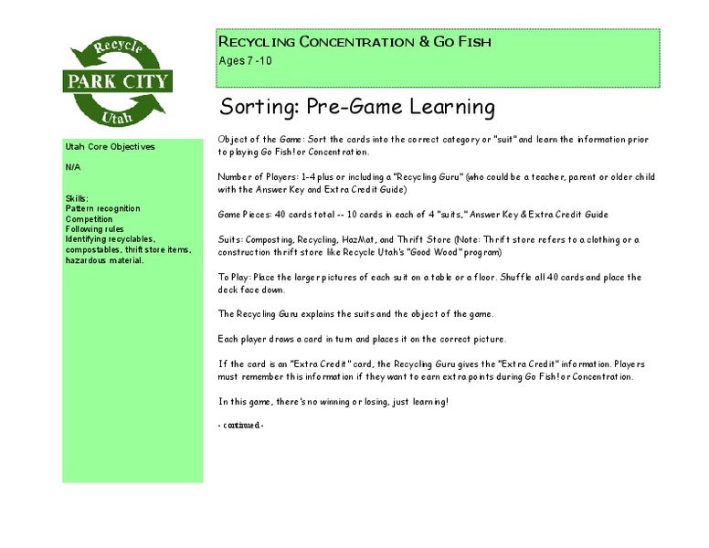 Recycling Concentration & Go Fish Lesson Plan