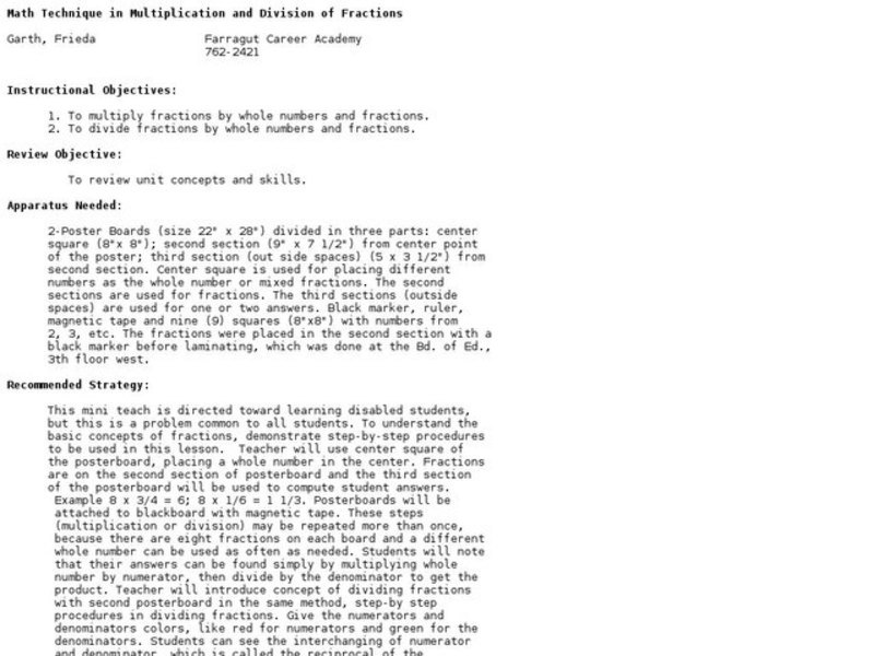 Math Technique in Multiplication and Division of Fractions Lesson Plan