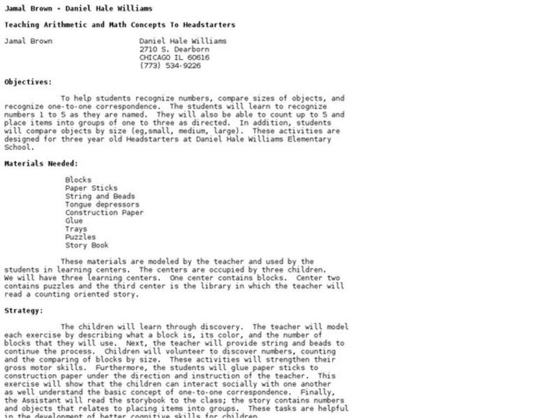 Teaching Arithmetic and Math Concepts to Headstarters Lesson Plan