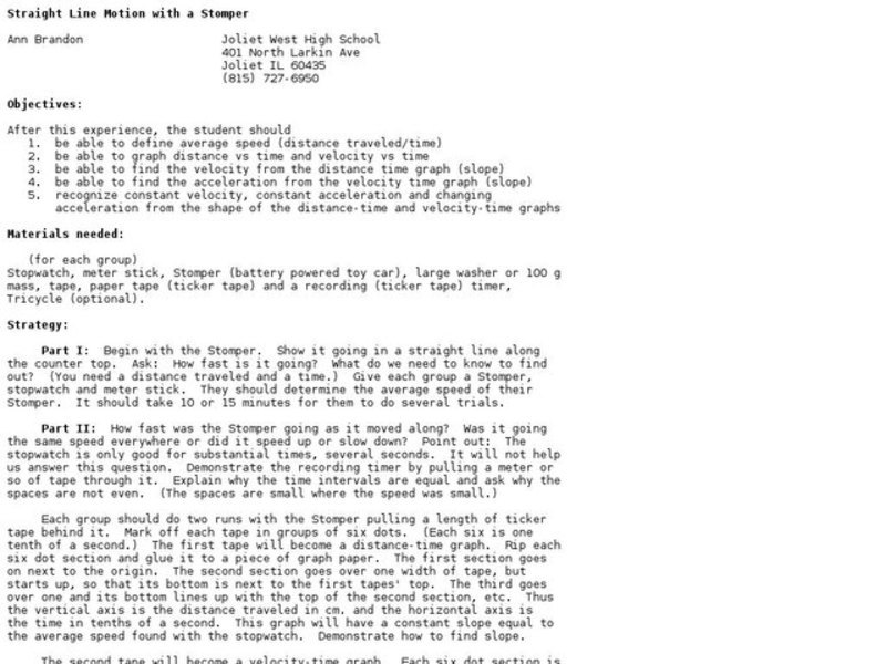 Straight Line Motion with a Stomper Lesson Plan