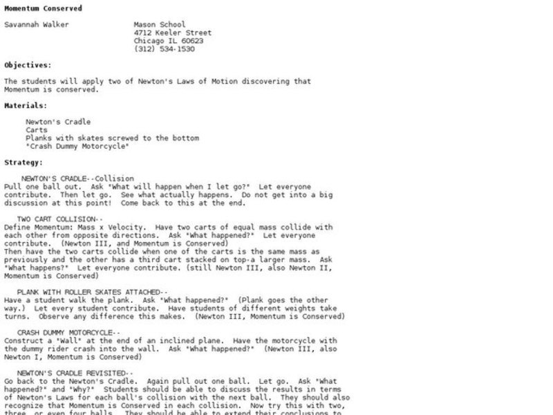 Momentum Conserved Lesson Plan