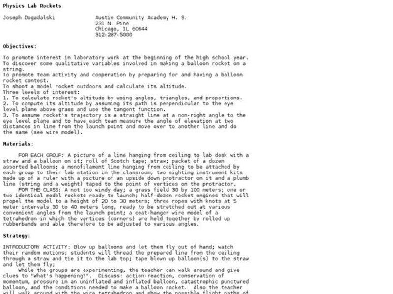 Physics Lab Rockets Lesson Plan