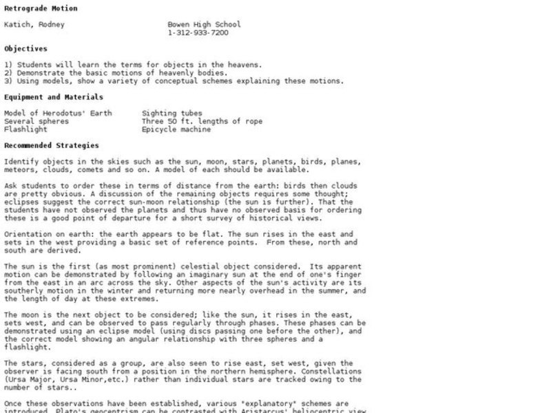 Retrograde Motion Lesson Plan