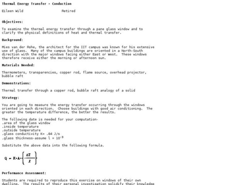 Thermal Energy Transfer - Conduction Lesson Plan