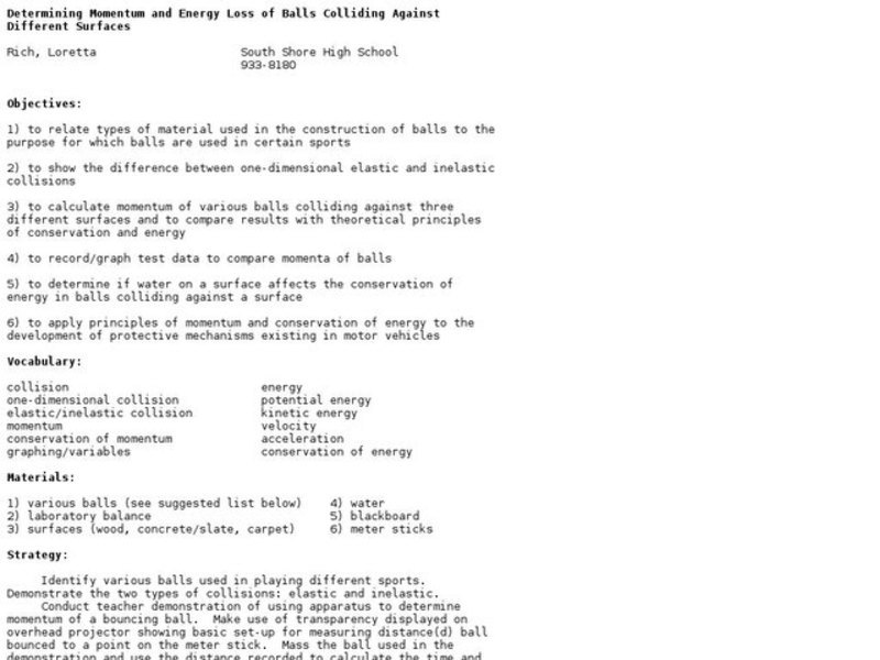 Determining Momentum and Energy Loss of Balls Colliding Against Different Surfaces Lesson Plan
