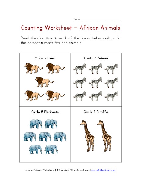 Counting Worksheet - African Animals Worksheet