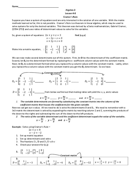 Cramer's Rule Worksheet