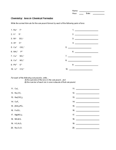 Ions in Chemical Formulas Worksheet