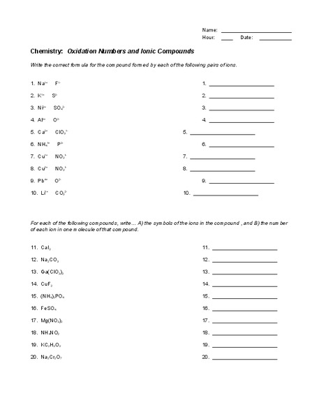 Oxidation Numbers and Ionic Compounds Worksheet