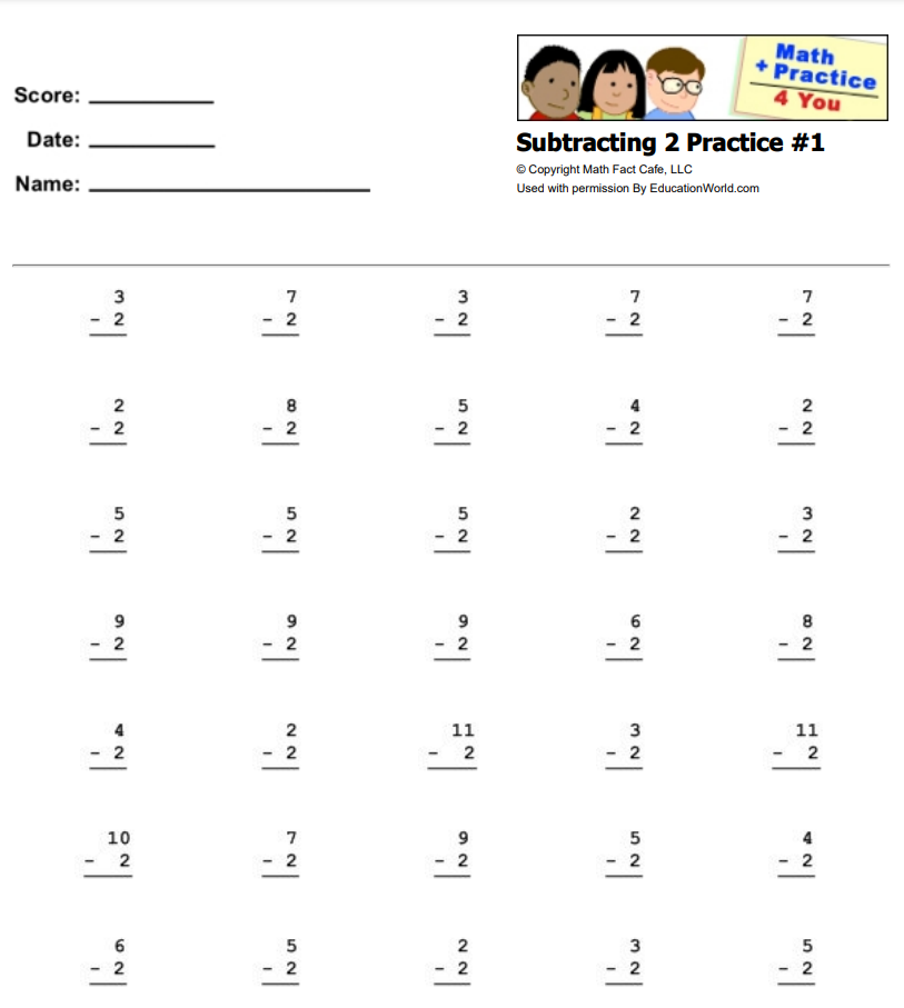 Subtracting 2: Practice 1 Worksheet