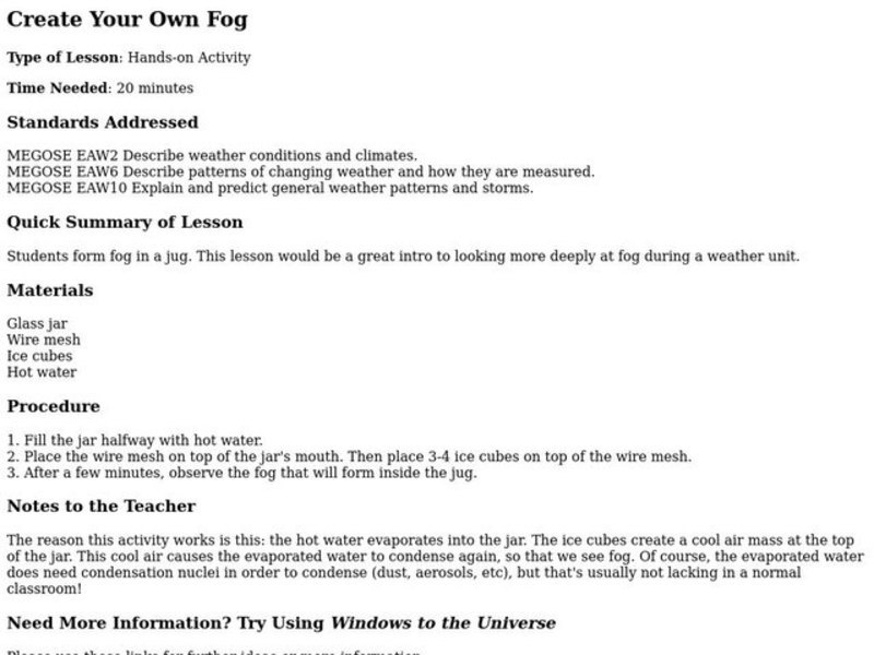 Create Your Own Fog Lesson Plan