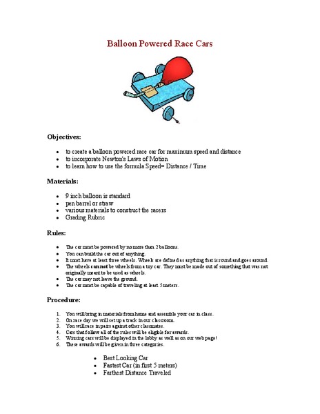 Balloon Powered Race Cars Lesson Plan