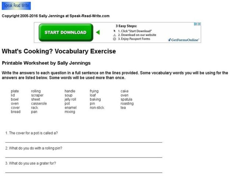 What's Cooking Vocabulary Exercise Worksheet