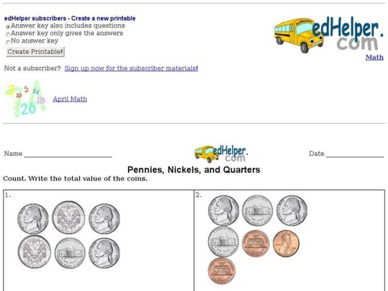 Pennies, Nickels and Quarters Interactive
