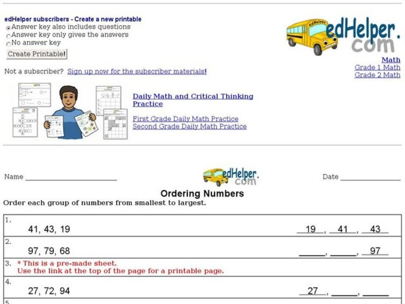 Ordering Numbers-Smallest to Largest Worksheet