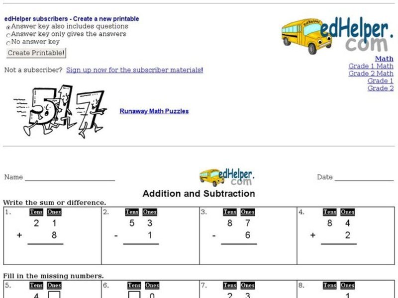 Addition and Subtraction Using Place Value Worksheet