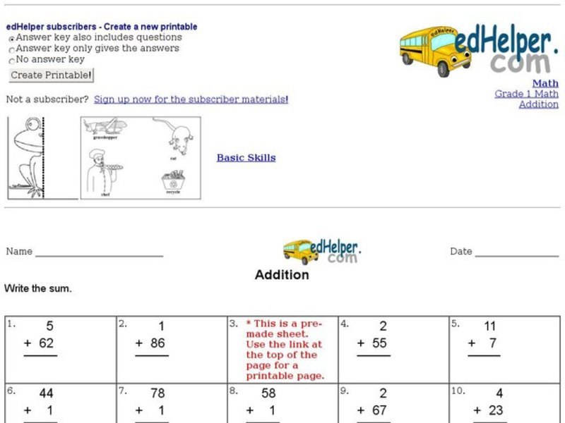 Addition: Add a 1 Digit Number and a 2 Digit Number Worksheet