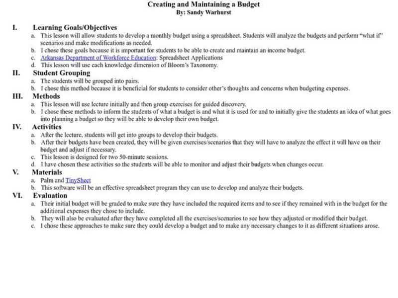 Creating and Maintaining a Budget Lesson Plan