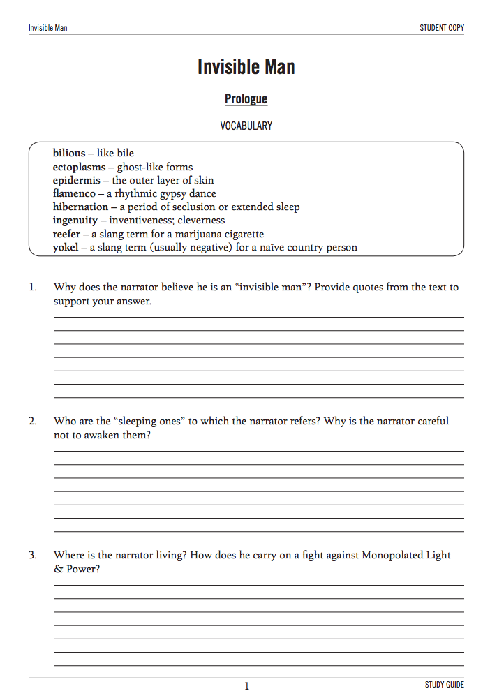 Teaching Unit: Invisible Man Worksheet