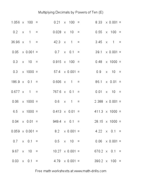 Multiplying Decimals by Powers of Ten (E) Worksheet