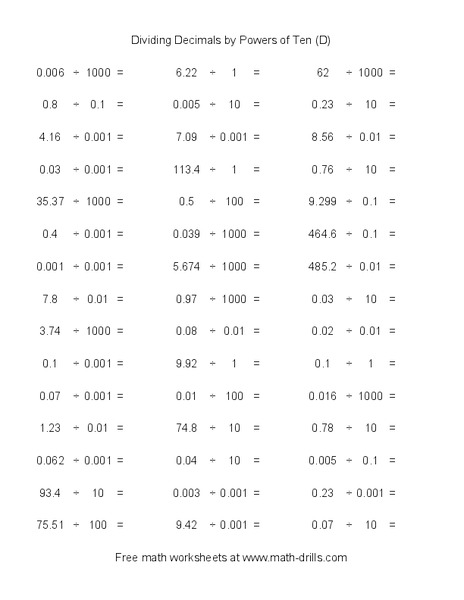 Dividing Decimals by Powers of Ten (D) Worksheet