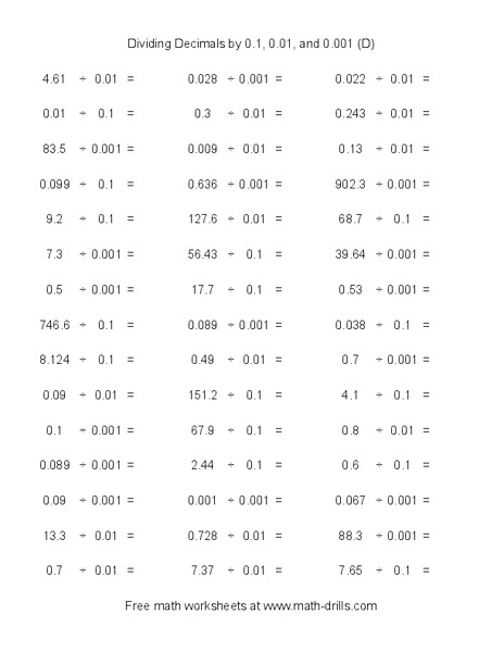 Dividing Decimals by 0.1, 0.01, and 0.001 (D) Worksheet