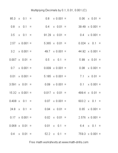Multiplying Decimals by 0.1, 0.01, 0.001 (C) Worksheet