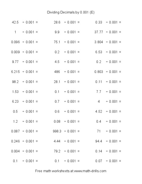 Dividing Decimals by 0.001 [E] Worksheet
