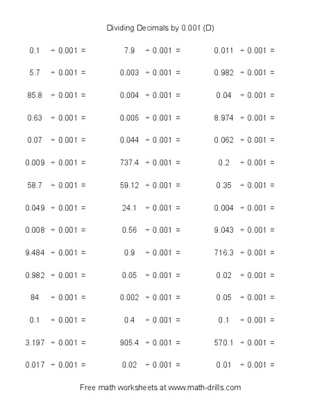 Dividing Decimals by 0.001 (D) Worksheet