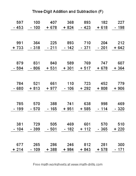 Three Digit Addition and Subtraction (F) Worksheet