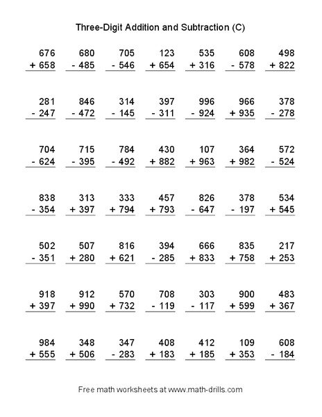 Three Digit Addition and Subtraction (C) Worksheet