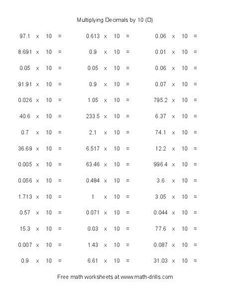Multiplying Decimals by 10 (D) Worksheet