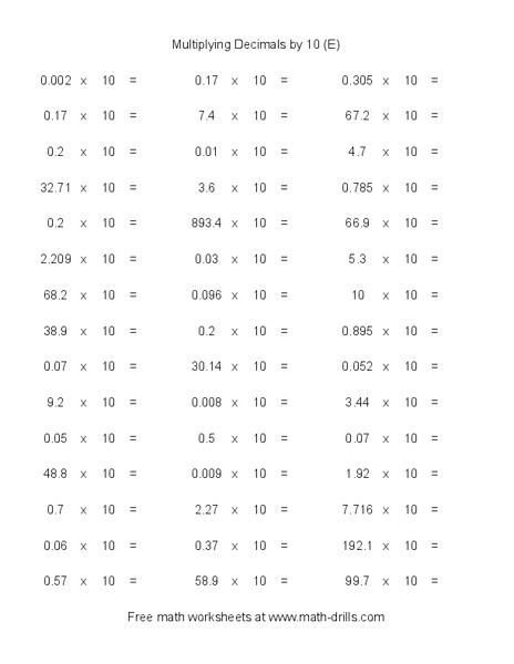Multiplying Decimals by 10 (E) Worksheet