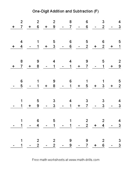 One-Digit Addition and Subtraction [F] Worksheet