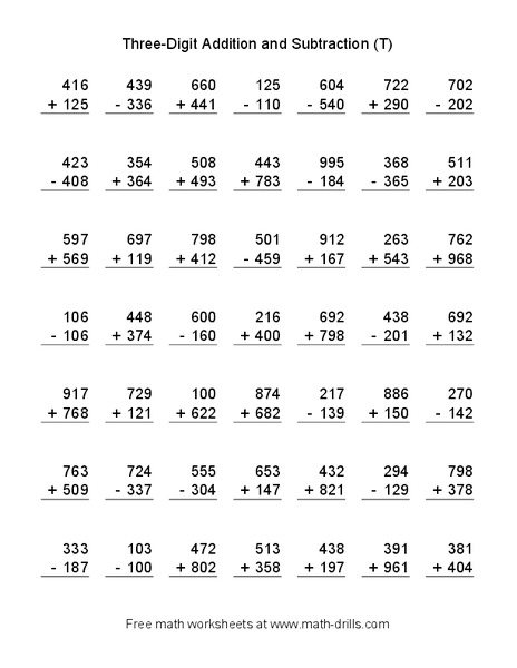 Three-Digit Addition and Subtraction (T) Worksheet