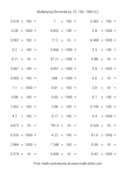 Multiplying Decimals by 10 100, 1000 (C) Worksheet