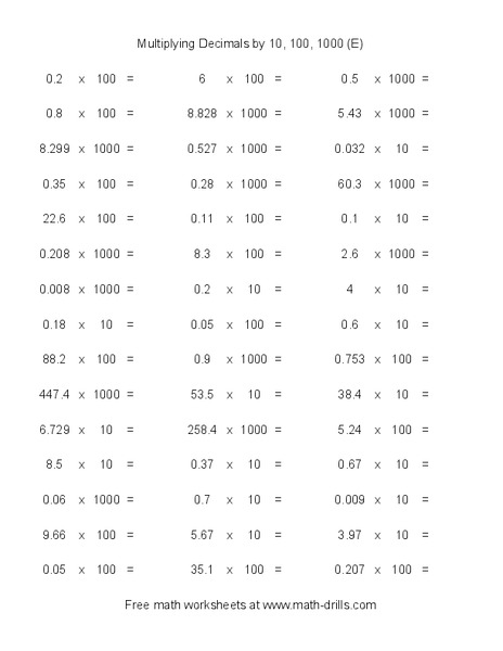 Multiplying Decimals by 10, 100, 1000 (E) Worksheet