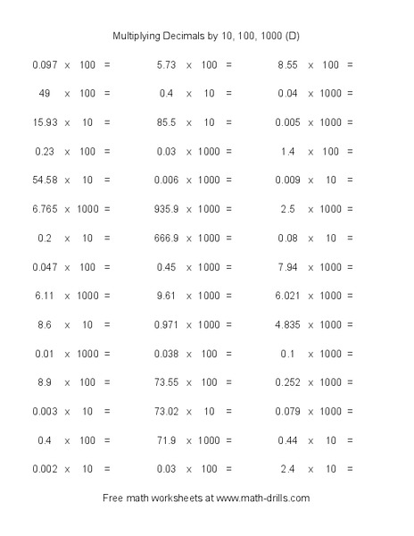 Multiplying Decimals by 10, 100, 1000 (D) Worksheet