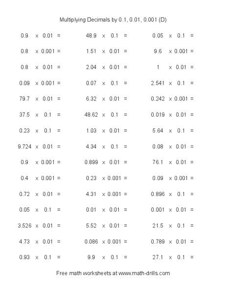 Multiplying Decimals by 0.1, 0.01, 0.001 (D) Worksheet