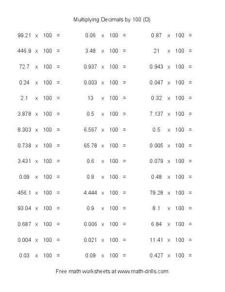 Multiplying Decimals by 100 [D] Worksheet
