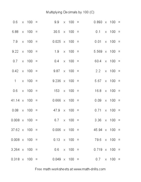 Multiplying Decimals by 100 (C) Worksheet