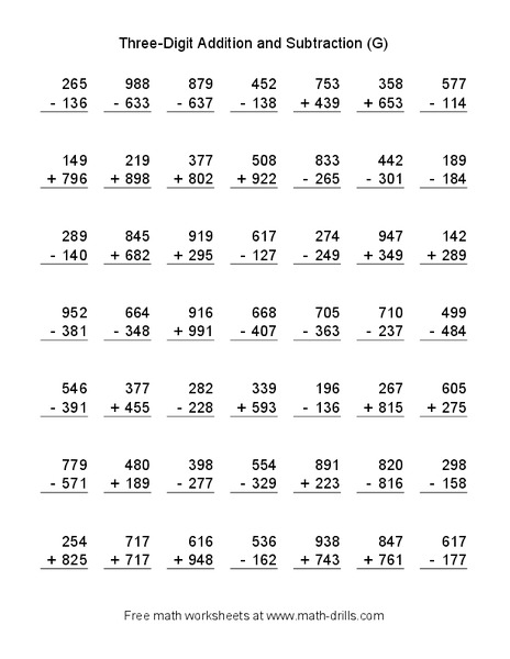 Three-Digit Addition and Subtraction (G) Worksheet
